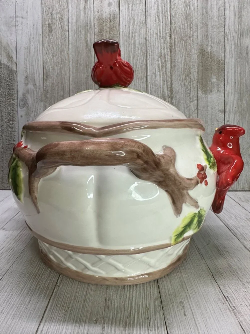 Vtg Cardinal & Berries Holly Serving Bowl Dish Holiday Decor Ceramic 11.5